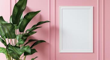 Two vertical white frame mockups on pink wall and large plant next to it. photo