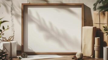 An empty frame mock up on a table next to the gift box. photo