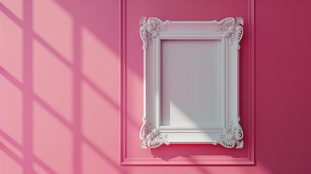 A photo frame, white empty mock up hanging on the pale pink wall in classic style.