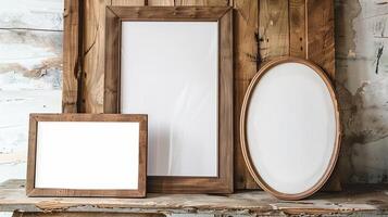 A set of wooden picture frames leaning against the wall, with white canvas inside. photo