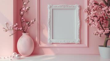 A photo frame, white empty mock up hanging on the pale pink wall in classic style.