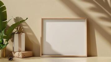An empty frame mock up on a table next to the gift box. photo