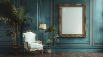 A large blank frame hanging on the wall of a vintage room, with green plants and antique furniture. photo