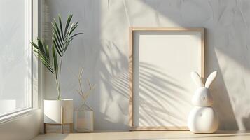 Mockup of wood border thin frame with rabbit sculpture next to it. photo