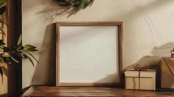 An empty frame mock up on a table next to the gift box. photo