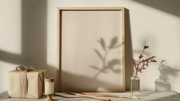 An empty frame mock up on a table next to the gift box. photo