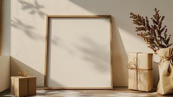 An empty frame mock up on a table next to the gift box. photo