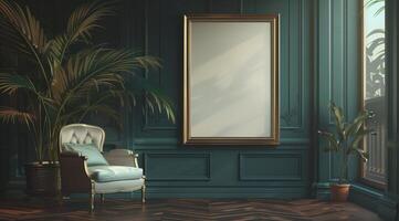 A large blank frame hanging on the wall of a vintage room, with green plants and antique furniture. photo