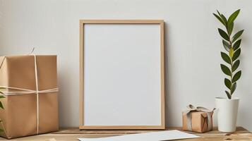 An empty frame mock up on a table next to the gift box. photo