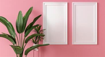 Two vertical white frame mockups on pink wall and large plant next to it. photo