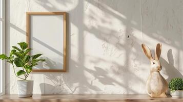 Mockup of wood border thin frame with rabbit sculpture next to it. photo