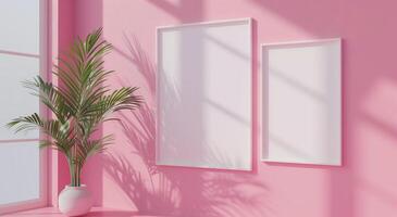 Two vertical white frame mockups on pink wall and large plant next to it. photo