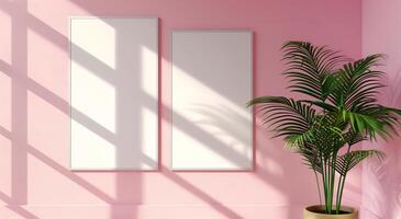 Two vertical white frame mockups on pink wall and large plant next to it. photo