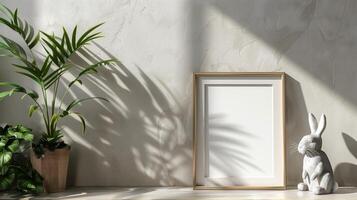 Mockup of wood border thin frame with rabbit sculpture next to it. photo