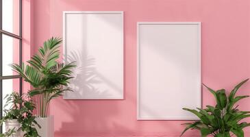 Two vertical white frame mockups on pink wall and large plant next to it. photo