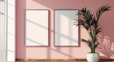 Two vertical white frame mockups on pink wall and large plant next to it. photo