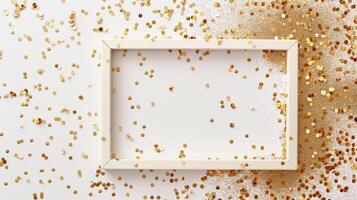 A white rectangular frame with gold glitter sprinkled on it with a simple background. photo