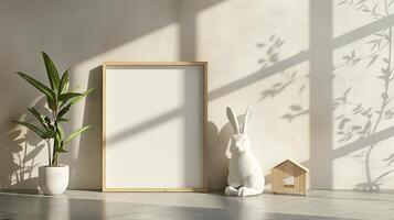 Mockup of wood border thin frame with rabbit sculpture next to it. photo
