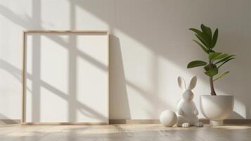 Mockup of wood border thin frame with rabbit sculpture next to it. photo