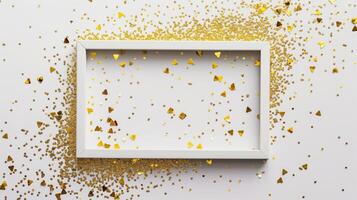 A white rectangular frame with gold glitter sprinkled on it with a simple background. photo