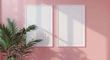 Two vertical white frame mockups on pink wall and large plant next to it. photo
