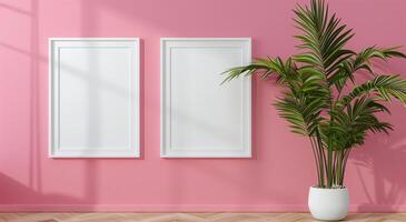 Two vertical white frame mockups on pink wall and large plant next to it. photo