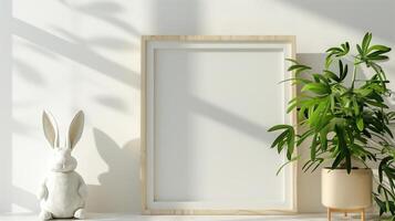 Mockup of wood border thin frame with rabbit sculpture next to it. photo