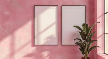 Two vertical white frame mockups on pink wall and large plant next to it. photo