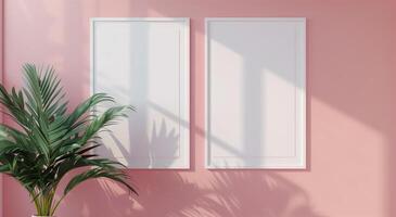 Two vertical white frame mockups on pink wall and large plant next to it. photo