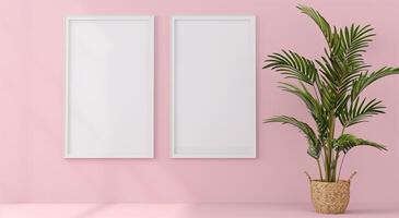 Two vertical white frame mockups on pink wall and large plant next to it. photo