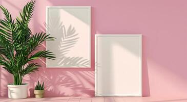 Two vertical white frame mockups on pink wall and large plant next to it. photo