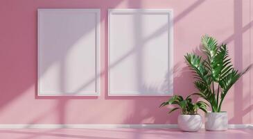 Two vertical white frame mockups on pink wall and large plant next to it. photo