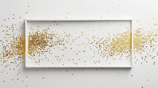 A white rectangular frame with gold glitter sprinkled on it with a simple background. photo