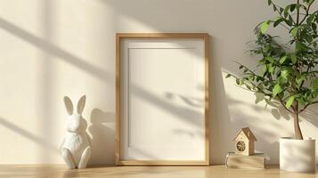 Mockup of wood border thin frame with rabbit sculpture next to it. photo