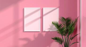 Two vertical white frame mockups on pink wall and large plant next to it. photo