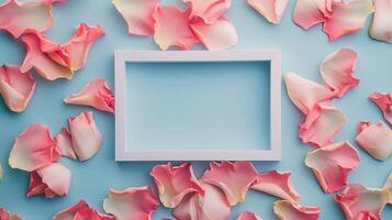 A vintage-inspired creative white frame with colorful pastel petals as background. photo