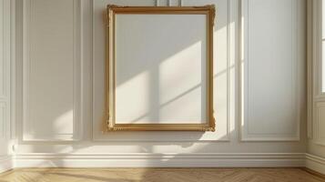 A blank gold picture frame hanging on a wall in a classical interior with white paneling and light wood floors. photo