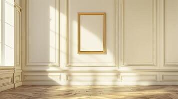A blank gold picture frame hanging on a wall in a classical interior with white paneling and light wood floors. photo