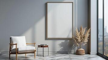 An empty vertical picture frame hanging on the wall in a contemporary living room. photo