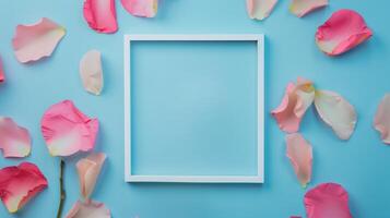 A vintage-inspired creative white frame with colorful pastel petals as background. photo