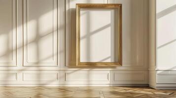 A blank gold picture frame hanging on a wall in a classical interior with white paneling and light wood floors. photo