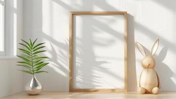 Mockup of wood border thin frame with rabbit sculpture next to it. photo