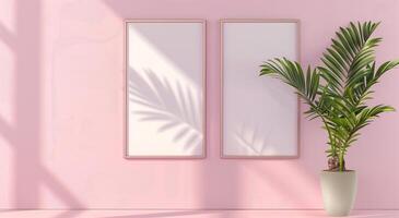 Two vertical white frame mockups on pink wall and large plant next to it. photo