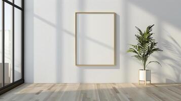 A thin gold frame on a white wall. photo