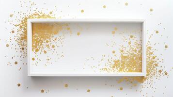 A white rectangular frame with gold glitter sprinkled on it with a simple background. photo