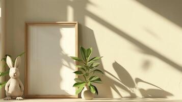 Mockup of wood border thin frame with rabbit sculpture next to it. photo