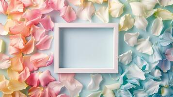 A vintage-inspired creative white frame with colorful pastel petals as background. photo