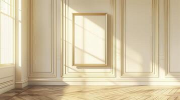 A blank gold picture frame hanging on a wall in a classical interior with white paneling and light wood floors. photo