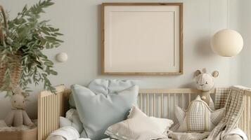 An empty square wooden frame above baby bed, kids room pastel colors. photo