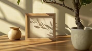 A wooden picture frame for photos, in the style of Japanese minimalism. photo